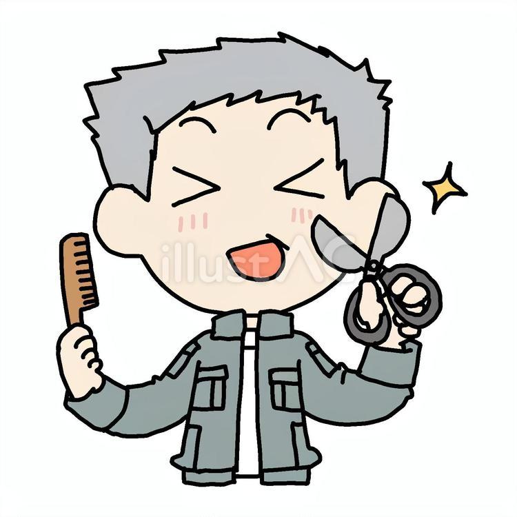 笑顔で散髪しようとするおじいさん おじいさん,はさみ,櫛のイラスト素材