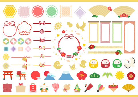 正月や年賀状のフレームとイラストのセット 年賀状,正月,お正月,アイコン,フレーム,年賀状素材,縁起物,和柄,和風,水引のイラスト素材