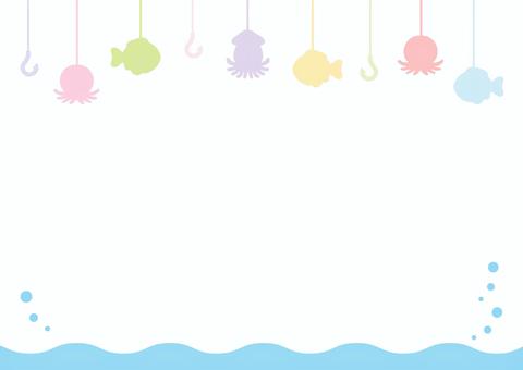 海の波と魚釣りのフレーム、夏の背景素材 海,夏,釣り,背景,フレーム,魚,魚釣り,波,イカ,タコのイラスト素材