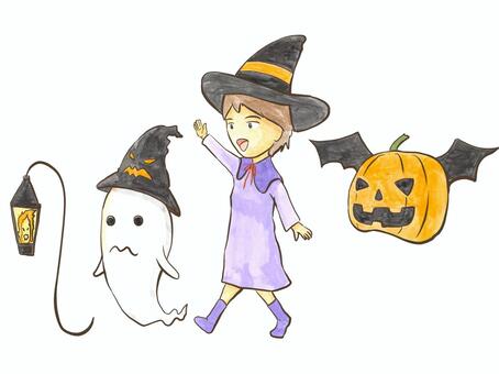 水彩_ハロウィン_08 ハロウィン,魔女,水彩,イラスト,かわいい,女の子,お祭りのイラスト素材