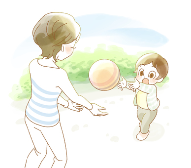 屋外でボール遊びをする親子(母子) 育児,子育て,家族,家庭,ファミリー,親子,母子,遊ぶ,戯れる,楽しいのイラスト素材