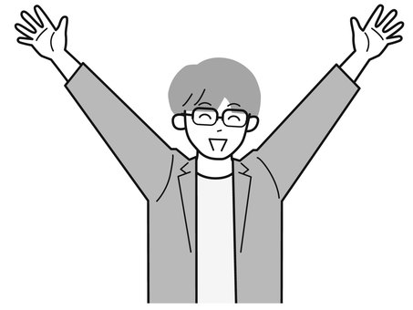 両手を上にあげ笑顔の働く男性A/白黒 両手を上にあげ笑顔の働く男性A/白黒 両手,バンザイ,笑顔,男性,お父さん,会社員,アドバイザー,20代,30代,40代のイラスト素材