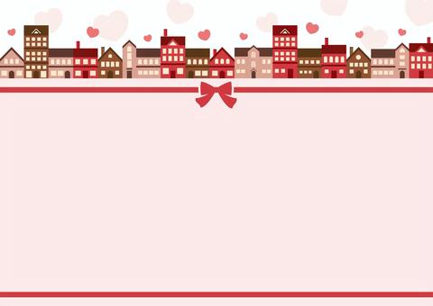 バレンタインの街並みとリボン02 バレンタイン,ハート,街並み,背景,フレーム,リボン,2月,冬,バレンタインデー,バレンタインカードのイラスト素材