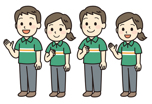 緑のポロシャツ姿の男女コンビニ店員