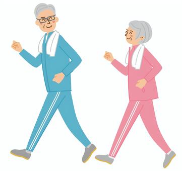 夫婦でウォーキング年配 夫婦,年配,老夫婦,ウォーキング,女性,男性,カップル,笑顔,かわいい,シンプルのイラスト素材