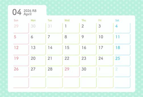 2026年カレンダー 4月 水玉模様 カレンダー,2026年,2026年カレンダー,4月,4月カレンダー,春,背景,水玉模様,おしゃれ,かわいいのイラスト素材
