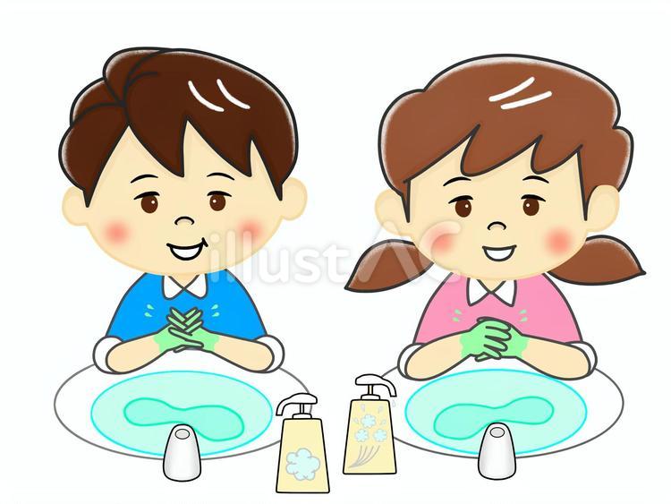丁寧に手を消毒する小学生の男子と女子 手洗い,男子,女子のイラスト素材