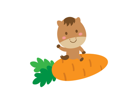 午年のイラスト4 午年,馬,干支,人参,動物,野菜,ベジタブル,乗る,笑顔,キャラクターのイラスト素材