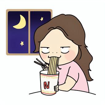 深夜に夜食のカップラーメンを食べる女子 食事,夜食,深夜,カップラーメン,そば,ヌードル,ラーメン,カップ麺,麺,すするのイラスト素材