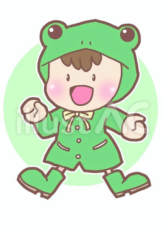 かっぱを着た男の子　かえる カッパ,レインコート,男の子のイラスト素材