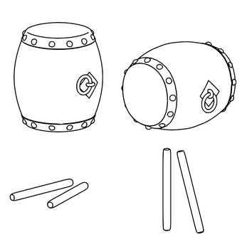 和太鼓の線画 和太鼓,太鼓,楽器,線画,モノクロ,立体,バチのイラスト素材
