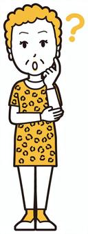  大阪のおばちゃん(黄)-060-全身 はてな,おばちゃん,大阪,ヒョウ柄,おばはん,中年,女性,関西,派手,おばさんのイラスト素材