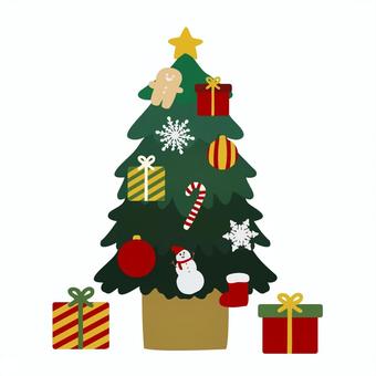 飾られたクリスマスツリーとプレゼント クリスマス,ツリー,クリスマスツリー,モミの木,星,プレゼント,ワンポイント,シンプル,オーナメント,冬のイラスト素材