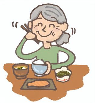 バランスのとれた食事 料理,栄養,年配,おばあちゃん,女性,老後,生活習慣,食事,魚,味噌汁のイラスト素材