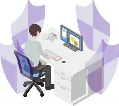 アイソメトリック_働く人①-7 アイソメトリック,オフィス,会社員,男性,盾,オフィスワーク,働く,仕事,アイソメ,立体のイラスト素材