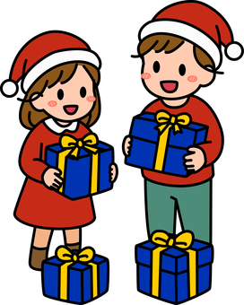 ネイビーのプレゼントを貰う男子女子です。 プレゼント,シンプル,ギフト,喜ぶ,受け取り,サプライズ,笑顔,贈り物,手渡し,お祝いのイラスト素材