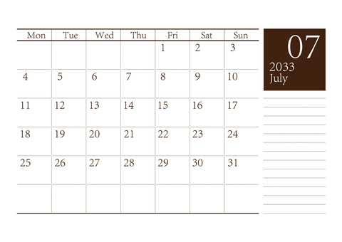 月曜始まりカレンダー2033年7月A4 カレンダー,7月,月曜始まり,７月,2033年カレンダー,2033,令和15年,2033カレンダー,シンプル,テンプレートのイラスト素材