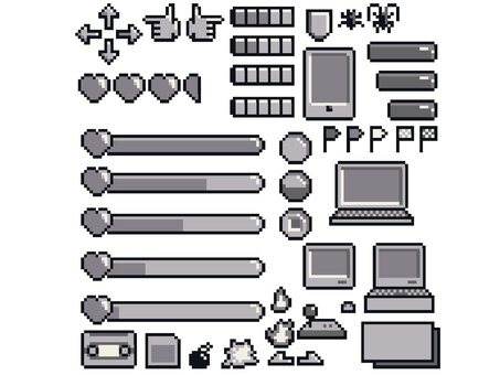 ドット絵アイコンセット　モノクロレトロ アイコン,セット,pc,ドット絵,ピクセルアート,モニター,レトロゲーム,ベクター,シンプル,バグのイラスト素材