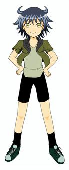 仁王立ちする少年 仁王立ち,少年,なびく,服,ふわっと,スニーカー,緑,手描き,シンプルイラストのイラスト素材