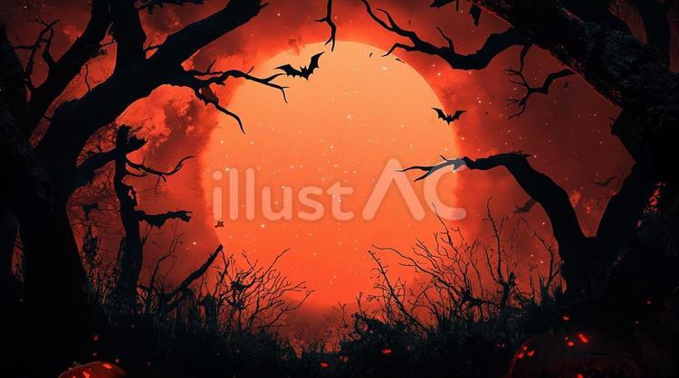 不気味なお化けと木のシルエットのある風景 背景,ハロウィン,お化けのイラスト素材