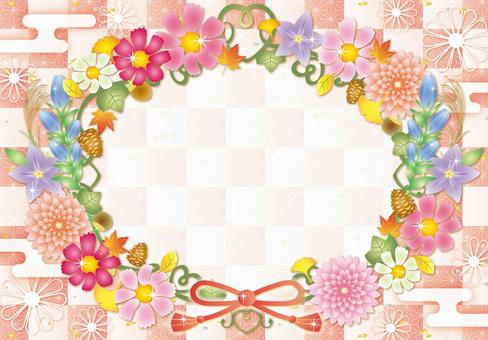 秋の草花リース和風フレーム 敬老の日,秋,花,和,キラキラ,かわいい,フレーム,背景,カード,秋桜のイラスト素材