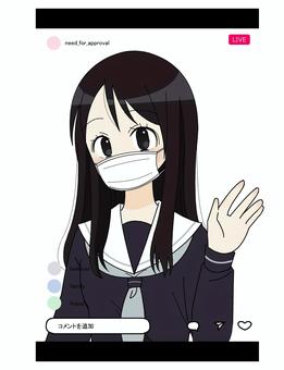 配信をするセーラー服の女性 人物,マスク,配信,ライブ,学生,セーラー服,インスタ,リボン,制服,萌え系のイラスト素材