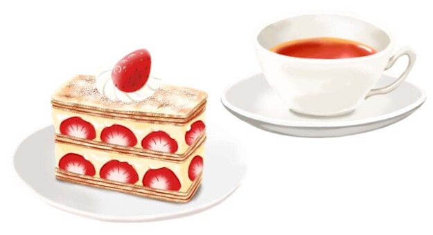 ミルフィーユとシンプルなカップの紅茶 ミルフィーユ,ケーキ,クリーム,食べ物,飲み物,苺,紅茶,カフェ,果物,おやつのイラスト素材