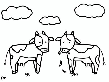 牛3 牛,塗り絵,動物,哺乳類,飼育,家畜,複数,並ぶ,雲,草のイラスト素材