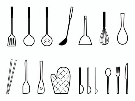 調理器具セット（モノクロ） 線画,モノクロ,フライ返し,ターナー,おたま,お玉杓子,穴あきおたま,穴杓子,鉄勺,鉄板返しのイラスト素材