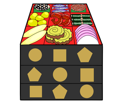 おせち料理のイラスト おせち,おせち料理,正月,元旦,海老,黒豆,昆布巻き,かずのこ,かまぼこ,栗きんとんのイラスト素材