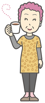  大阪のおばちゃん-014-全身 コーヒー,おばちゃん,大阪,ヒョウ柄,おばはん,中年,女性,関西,派手,おばさんのイラスト素材