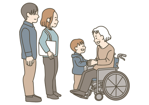 高齢者施設で車椅子の祖母に面会する家族 面会,家族,高齢者,祖母,祖父母,シニア,車椅子,車イス,施設,病院のイラスト素材