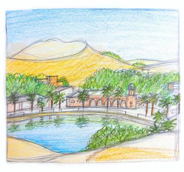 色鉛筆のスケッチ風景26 建物,屋外,砂漠,サバンナ,太陽,ヤシの木,ヤシ,砂,広大,暑いのイラスト素材