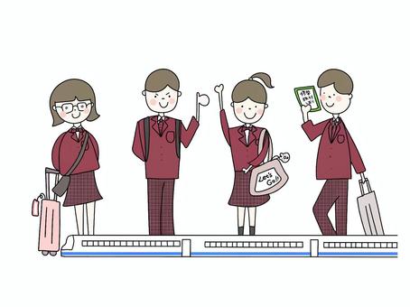 えんじ色の制服の新幹線で修学旅行の人物 高校生,修学旅行,制服,新幹線,旅行,えんじ色,卒業旅行,旅,学校,生徒のイラスト素材