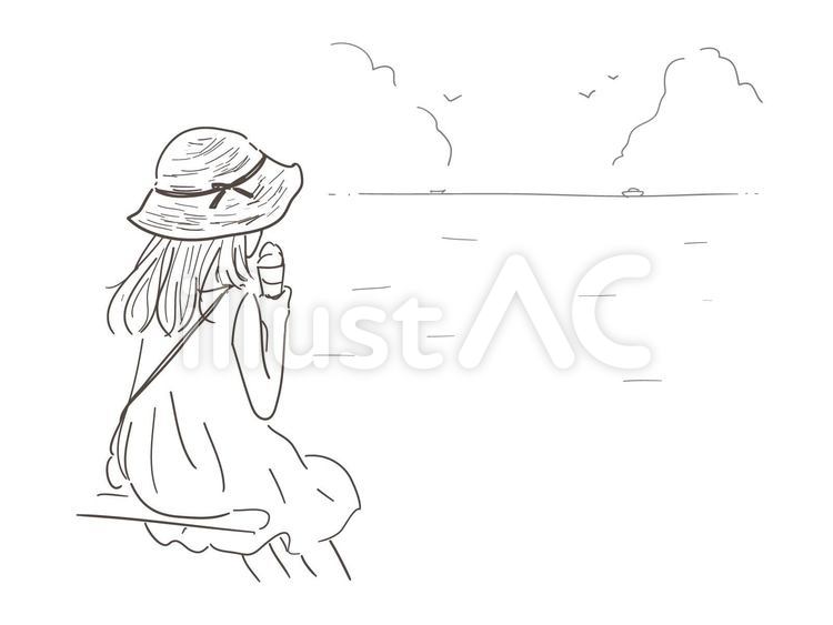 海でアイスを食べる女性　線画 海,アイス,食べるのイラスト素材