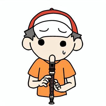 困ってリコーダーを吹く少年 小学生,リコーダー,吹く,困る,戸惑う,不安,汗,苦手,恐々,失敗のイラスト素材