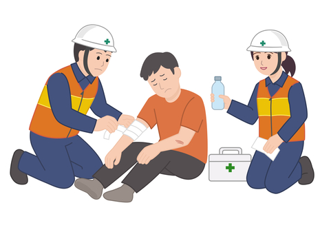 地域防災救助・救護班 応急処置,救助,災害対応,負傷者,看護,自主防災,防災活動,救助隊,ヘルメット,包帯のイラスト素材