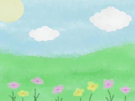 長閑な自然 長閑,自然,背景,草地,植物,花,青空,雲,太陽,水彩風のイラスト素材