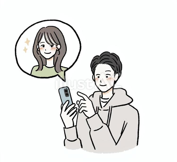 好みの女性をスマホで見る男性 マッチングアプリ,カップル,スマホのイラスト素材
