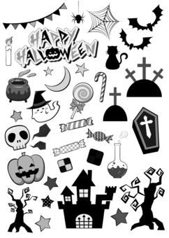 ハロウィン(モノクロ) ハロウィン(モノクロ) ハロウィン,10月,かぼちゃ,墓,おばけ,どくろ,おかし,コウモリ,ジャックオランタン,モノクロのイラスト素材
