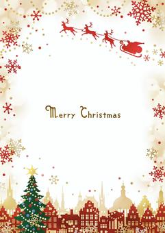 サンタとツリーのクリスマスフレーム036 クリスマス,フレーム,サンタクロース,クリスマスツリー,ソリ,結晶,街並,冬,トナカイ,イヴのイラスト素材