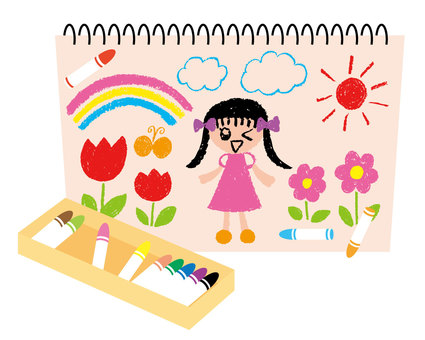 イラスト＿クレヨンとスケッチブック クレヨン,お絵描き,落書き帳,スケッチブック,落書き,知育玩具,文具,女の子,虹,太陽のイラスト素材