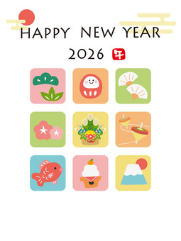 お正月アイコンの年賀状2026/縦 年賀状,お正月,ハッピーニューイヤー,2026年,午,新年,挨拶,門松,ダルマ,鯛のイラスト素材