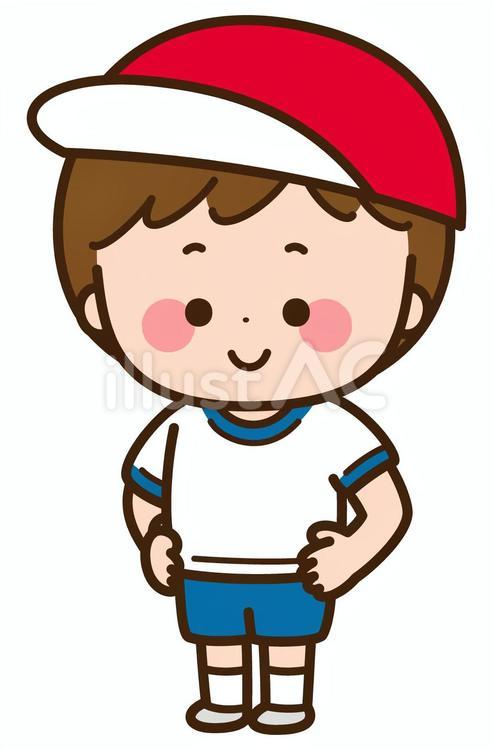 腰に手を当てて立つ赤白帽子の男の子 子ども,体操着,体操服のイラスト素材