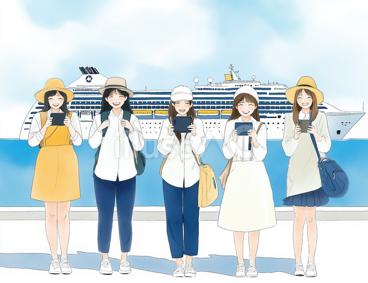 フェリーの前で配信するインフルエンサー インフルエンサー,女性,フェリーのイラスト素材