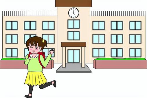 学校女の子 学校,放課後,女の子,ランドセル,小学校,教育,建物,線画のイラスト素材