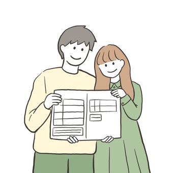 婚姻届けを持つ二人（カラー） 婚姻届け,婚姻,婚約,結婚,入籍,夫婦,カップル,男,男の人,男性のイラスト素材