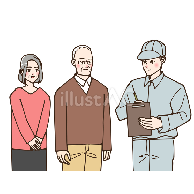 買取ショップ店員に査定してもらう高齢夫婦 人物,買取ショップ,査定のイラスト素材