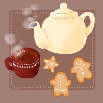 冬のティータイムセット(イメージJPEG 冬,紅茶,ティーポット,マグカップ,カフェ,おやつ,キッチン雑貨,クッキー,アイシング,お菓子のイラスト素材