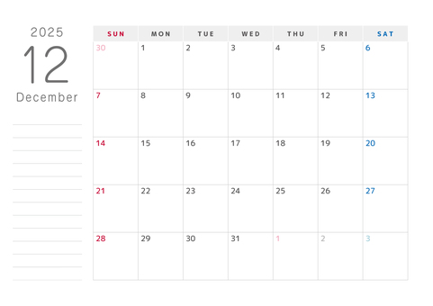 A4対応：リスト付カレンダー日始（A2作 a4印刷,12月,印刷用,カレンダー,2025,2025年,マンスリー,日曜はじまり,月間,横型のイラスト素材